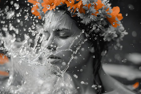 Beautiful girl with a wreath of flowers on her head bathes in the waterの素材