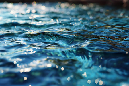 Close up of blue water surface with ripples and sun light.の素材