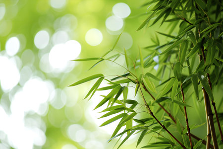 bamboo leaves on green bokeh background with copy space.の素材