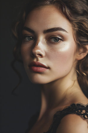 Beautiful young woman in black lingerie. Close-up portrait.の素材