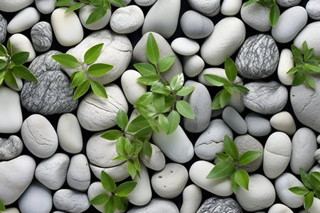 White pebbles with green leaves as a background, top viewの素材