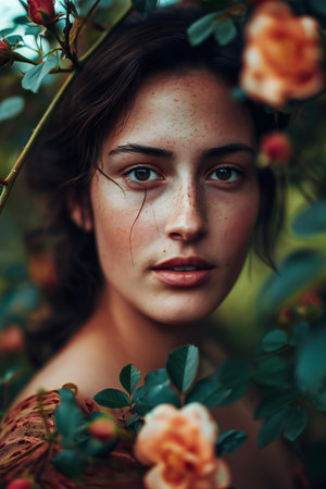 Portrait of a beautiful young woman in the garden with roses.の素材