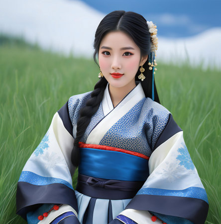 Asian woman in traditional kimono on the grassland with blue skyの素材