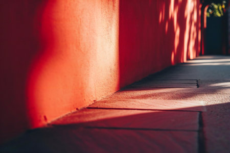 Abstract red wall background with shadow and sunlight. Shallow depth of field.の素材