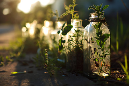 Small seedlings growing in glass bottles on the ground in the sunlightの素材