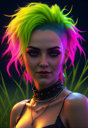 illustration of a beautiful girl with green hair and colorful make-upの素材
