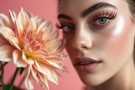Portrait of beautiful young woman with makeup and flower on pink backgroundの素材
