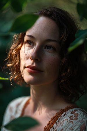 Portrait of a beautiful girl with curly hair and frecklesの素材