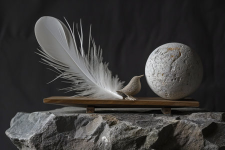 feathers on a wooden stand on a gray stone background.の素材