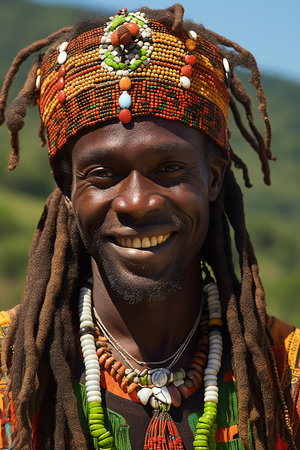 Portrait of an African man in traditional clothes smiling at the camera.の素材