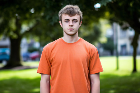 Portrait of a handsome young man in an orange t-shirt in the parkの素材