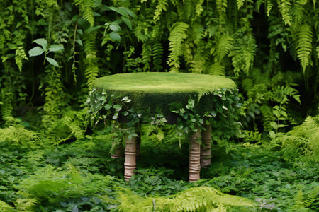 Decorative round table in the garden with green ferns.の素材