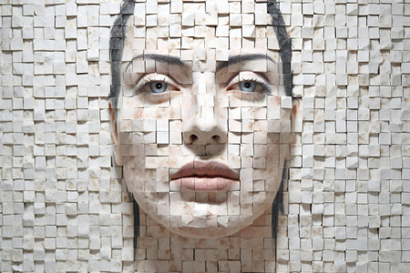 Face of a woman made of white ceramic tiles. Portrait of a girl with a painted face.の素材