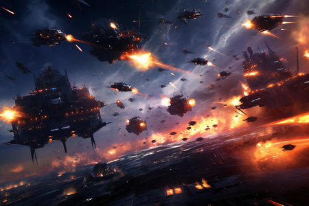 Futuristic spaceship flying in the sky.の素材