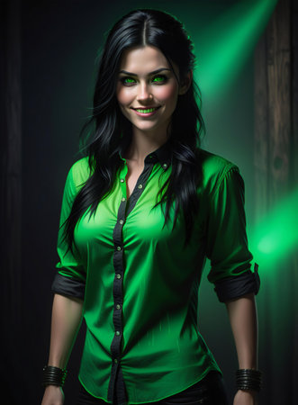 Beautiful brunette woman in a green shirt on a dark backgroundの素材