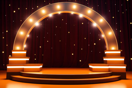Round podium with glowing lights. Award ceremony concept. Stage backdrop.の素材