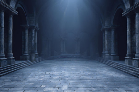 Dark corridor with columns and columns in a dark room with a spotlightの素材