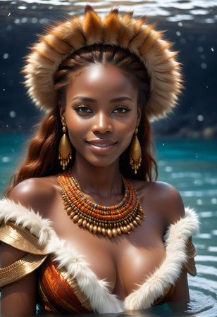 Beautiful African American woman in a fur coat and headdress.の素材