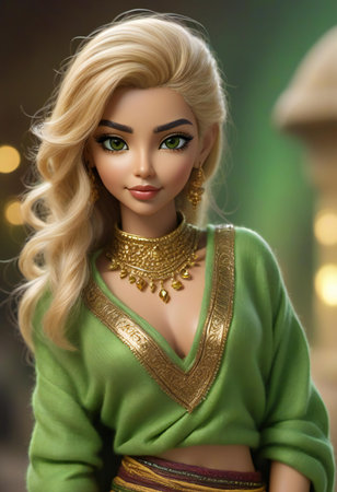 Fashionable blonde girl in green dress with jewelry and make-upの素材
