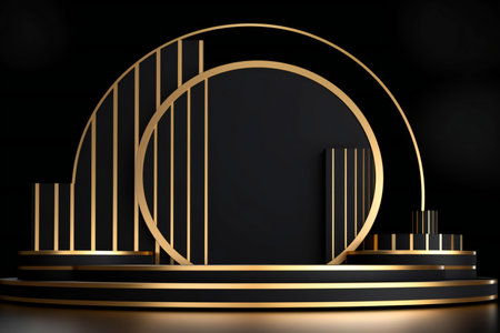 abstract background for product display, round podium with gold geometric elements.の素材