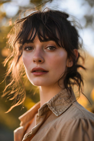 Portrait of a beautiful girl in an autumn park. Beauty, fashion.の素材