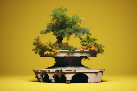 Bonsai in a pot on a yellow background.の素材