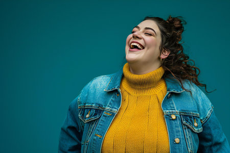 Portrait of a beautiful smiling young woman in jeans jacket and yellow sweater on blue backgroundの素材