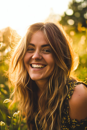 Closeup portrait of a beautiful young woman in the field at sunsetの素材