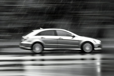 Car driving on a wet road with motion blur. Black and white.の素材