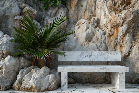 White bench in front of a stone wall with a palm tree.の素材
