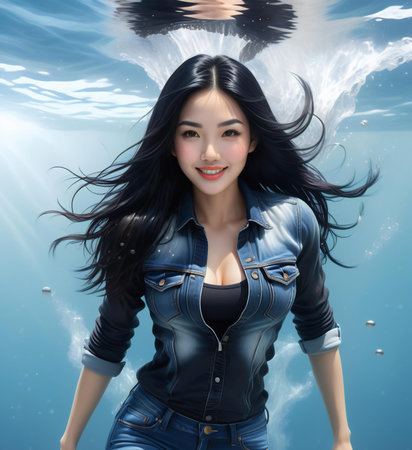 a beautiful asian woman in a underwater worldの素材