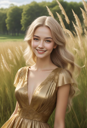 beautiful blonde girl in golden dress smiling at camera in wheat fieldの素材