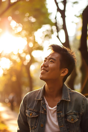 Portrait of a young asian man in the park at sunsetの素材