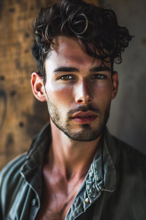 Portrait of a handsome young man with stylish hairstyle and beardの素材