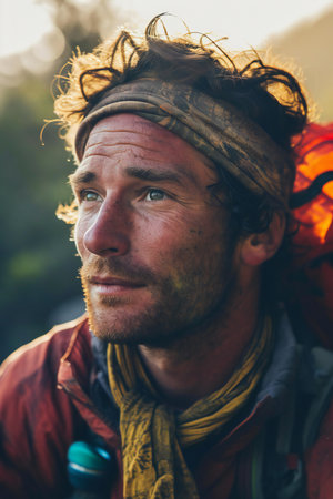 Portrait of a man with a backpack in the mountains at sunsetの素材