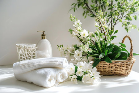 Spa and wellness setting with white towels, soap and flowers on white backgroundの素材