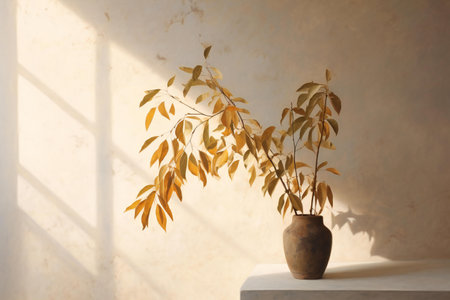Vase with beautiful autumn leaves on white table near beige wallの素材