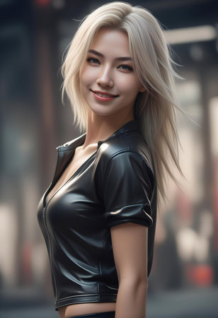 Portrait of a beautiful young blonde woman in a black leather jacketの素材