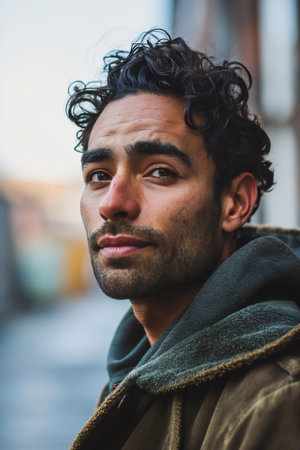 Portrait of a handsome young man with curly hair in an urban contextの素材
