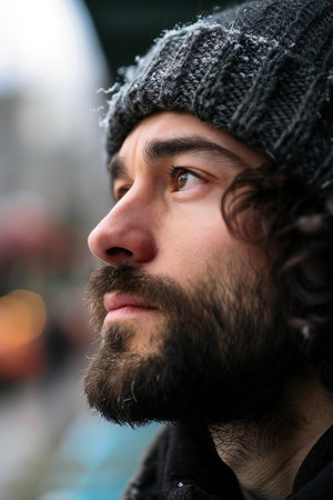 Portrait of a bearded man in a black hat on a city streetの素材