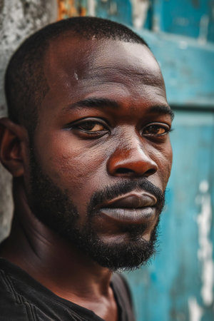 Portrait of a young African man with black skin and beard.の素材