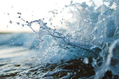Splashes of water from the waves on the sea at sunset.の素材