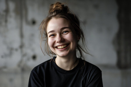 Portrait of a beautiful young girl with freckles on her faceの素材