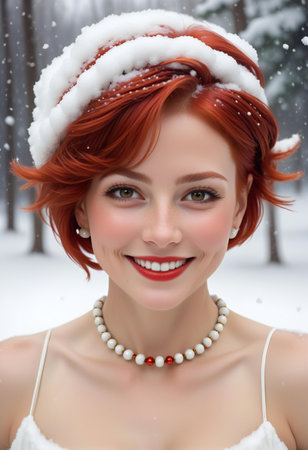 Beautiful young woman in white dress with red hair in winter forestの素材