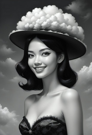 Beautiful asian woman wearing a hat with clouds in the skyの素材