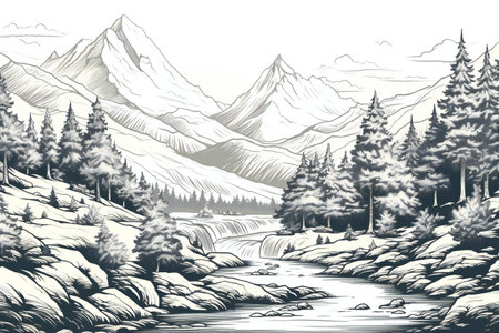 Mountain landscape with river and forest. Hand-drawn illustration.の素材