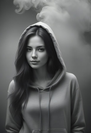 Portrait of a beautiful girl in a hood. Black and white photo.の素材