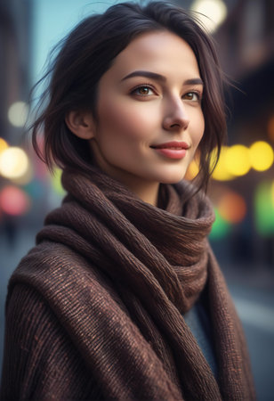 Portrait of a beautiful young woman in a brown sweater and scarf on the streetの素材