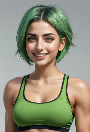Portrait of beautiful young woman with green hair and green top.の素材