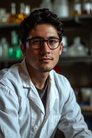 Portrait of a young male scientist working in a laboratory. He is wearing glasses and a white coat.の素材
